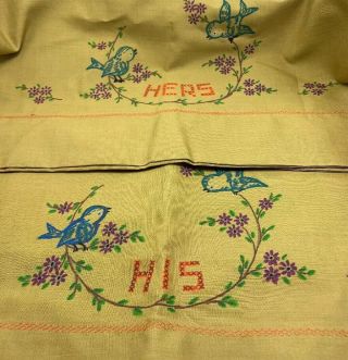 Vintage Embroidered & Hand Paint His & Hers Pillow Cases Blue Birds Floral