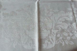 Vintage White Linen Tablecloth & 4 Matching Napkins - White On White Sheen - Floral