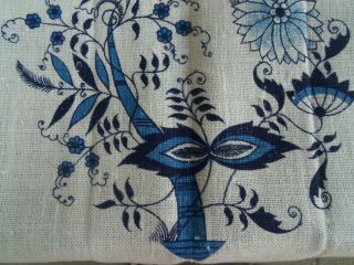 Vtg 29 " Linen Kitchen Tea Towel Mardi Gras Abstract Floral Print Cobalt Blue