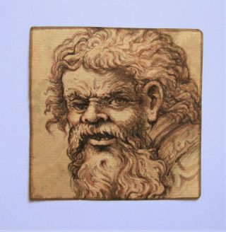 Old Master Drawing.  Italian School.  Study Of A Fierce Warrior,  Red Chalk & Ink.