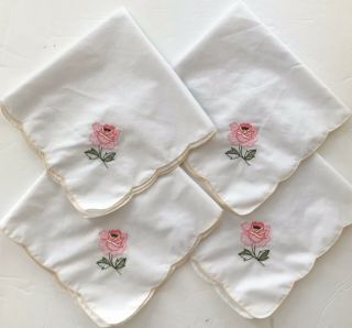 Cloth Napkins Vintage Set Of 4 Hand Embroidered Pink Rose On White