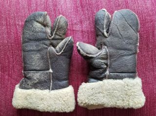 Ww2 3 - Finger Leather Gunner’s Gloves Mittens Wool Lining