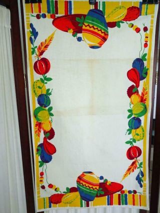Vintage 1950s Wilendure Bright Fruits Hand Print Cotton Tablecloth Runner 16x28 "
