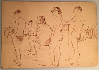 Signed John Fenton Pencil Drawing Sunbathers People At The Beach