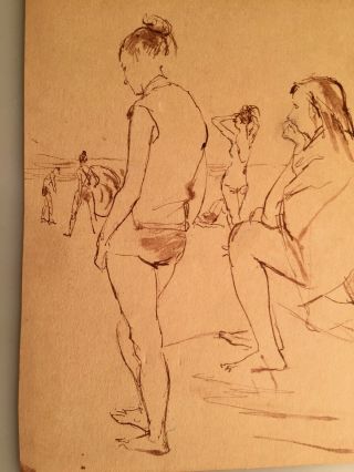 Signed John Fenton Pencil Drawing Sunbathers People at The Beach 3