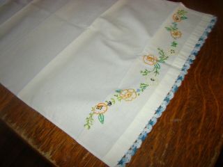 Vintage Dresser Scarf,  Table Runner Embroidery Flower Cotton,  Crochet Lace Hems