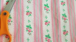 Vtg Fabric Pink White Blue Stripe Rose Flowers Pillow Ticking Cotton Remnant
