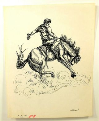 Pen And Ink Drawing By F.  Frost Rodeo Rider Folkart Dated 2/11/75