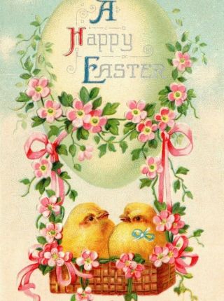 C 1910 International Art Easter Postcard Chicks In " Hot Air " Egg Basket Flowers