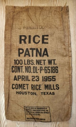 Vintage 1955 Comet Mills 100 Lb.  Rice Patna Burlap Sack Bag