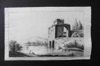 French School Ca.  1800 - Animated River Landscape - Charcoal Drawing