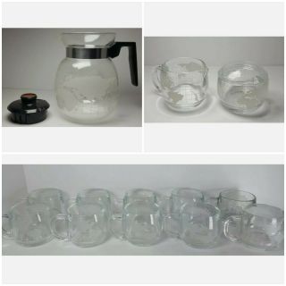 13 Piece Vtg Nestle Nescafe Glass World Globe Coffee Mugs Pot Creamer Sugar Bowl