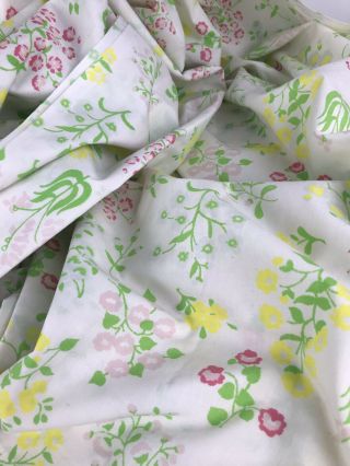 Vintage Full Flat Sheet White Pink Yellow Green Floral 60s 70s Cutter Fabric L4