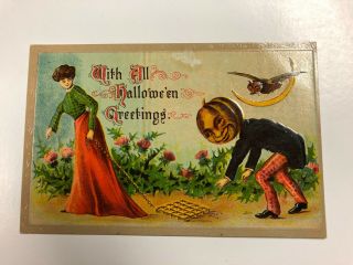 Vintage Halloween Postcard Greetings Pumpkin Head Man Owl Moon