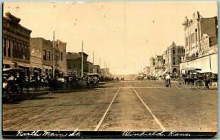 1910 Winfield,  Kansas Rppc Photo Postcard " North Main Street " Downtown Scene