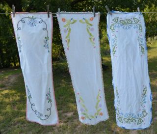 3 Vtg Hand Embroidered White Cotton Table Runners Florals