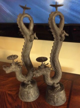 Vintage 14” Tall With A 3 1/2” Base Dragon Candle Holders Black Iron