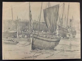 John Wesley Cotton Signed Pencil Drawing " St.  Ives " English Port 10 " X 14 "