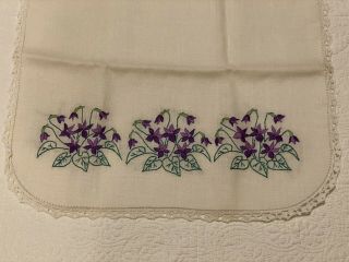 Violets Embroidery Vintage Table Runner Dresser Scarf Cotton Crochet Lace Edge