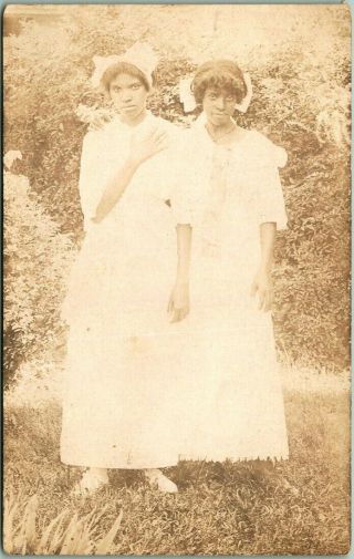 1910s Rppc Real Photo Postcard African American / Black Sisters In White Dresses