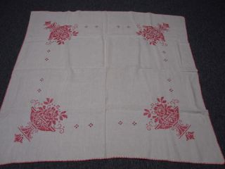 Vintage White Linen Tablecloth W Hand Embroidered Cross Stitch Flowers 50 "