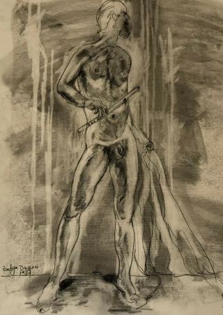 Vintage Art Life Charcoal Sketch Nude Male Signed Batya Dagan 1980