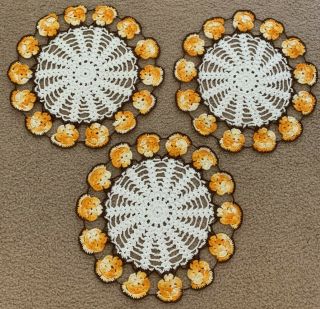 Vintage Matching Set Of 3 Orange Brown Hand Crocheted Doily Table Doilies