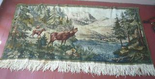 Vintage Wall Hanging Tapestry Deer Mountain Landscape Cabin Lodge Decor 58 X 28