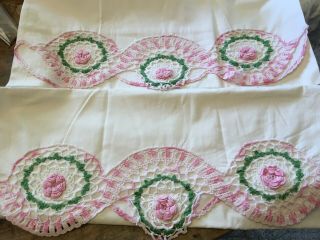 Moprimitivepast Vintage Pillowcase Set Pair Fancy Pink & White Crocheted Trim