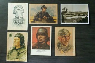 World War 2 / Ii 12 German Postcards,  Flying Ace Heroes Hand Drawn,  Colored