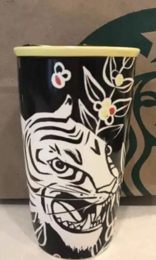 Starbucks White Tiger Double Wall Ceramic Traveller Coffee Tumbler 12 Oz