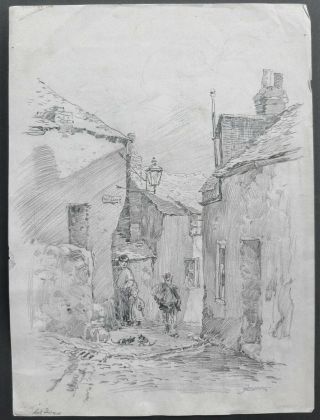 John Wesley Cotton Signed Pencil Drawing " St.  Ives " English Village 14 " X 10 "
