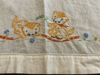 Vintage Playful Cats Tablecloth Topper Hand Embroidered - Old Cotton