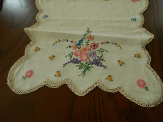 Vintage Handmade Embroidered Linen Table Runner Dresser Scarf Flowers