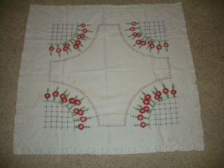 Vintage Hand Embroidered Table Cloth With Croched Lace Edge 36 " X38 "