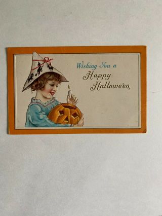 Halloween Postcard Embossed Girl With Witch Hat Jol Candle