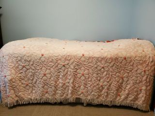 Vintage Chenille Bedspread Pink With White Flowers 1970s Flower Power Cutter