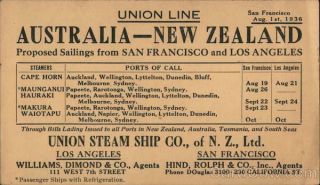 Australia - Zealand Union Steam Ship Co.  Union Line Postcard Vintage Post Card