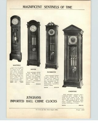 1927 Paper Ad 2 Pg Junghans Hall Floor Grandfather Chiming Clocks Corinthic