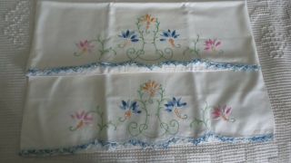 Vintage Cotton Embroidered Pillow Case Pair Blue Crochet Edge,  Blue Pink Floral