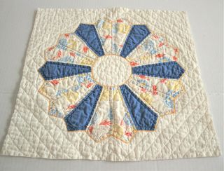 Vintage Cutter Quilt Block Piece 14 X 14 Blue Red Yellow And White Dresden Plate