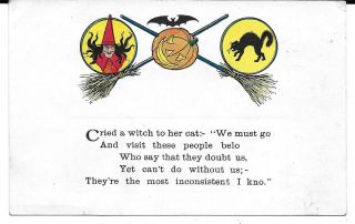 Vintage Halloween Postcard 1910,  Witch,  Black Cat And Flying Bat