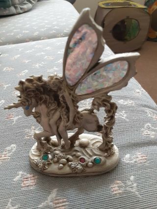 Large Pewter Fairy Riding Magical Unicorn Figurine Irridecent Wings Jewels