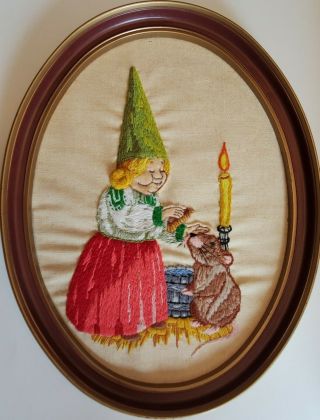 Vintage Unieboek Paragon Cross Stitch Embroidery Framed Gnome Woman Mouse Rat