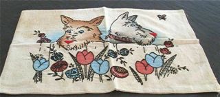 Vtg Colorized Hand Embroidered Pillow Cover Scotty Dog Faces Flowers