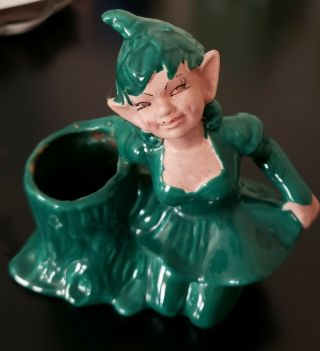Gilner Pixie Elf In Skirt Planter Dark Green Glazed Ceramic Pottery