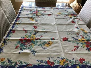 Vintage Mid - Century Cotton Floral Tablecloth,  47” X 52”