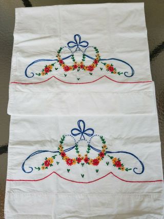 Vintage Set Of Embroidered Pillowcases Hand Made Floral Red Yellow Flowers Euc