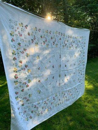Vintage White Tablecloth With Flowers,  Red,  Yellow,  Blue,  Grid Design 72x58