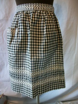 Vintage Handmade Black & White Gingham Half Apron W/ Ric Rac Embroidery Pocket